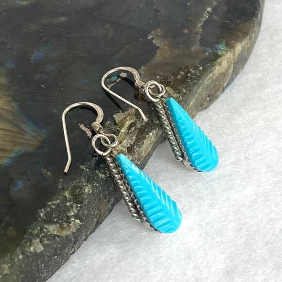 Sterling Silver 925 Dainty Southwest Style Carved Blue Leaf Dangle Earrings - Picture 6 of 16